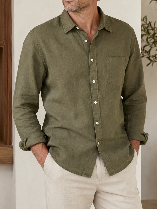 J. Crew Other - J.Crew Men’s Large Olive Green Linen Blend Button Front Shirt Long Sleeve Casual